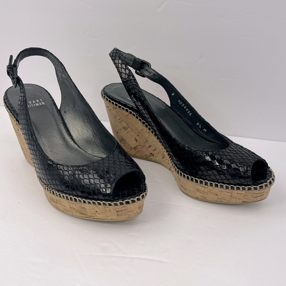 STUART WEITZMAN PATENT SNAKE PRINTED OPEN TOE WEDGE, BLACK, SIZE 8.5M, WOMEN’S - Picture 6 of 16